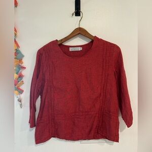 Willow Anthropologie Linen 3/4 Sleeve Top Red Check Plaid Lagenlook Size Medium